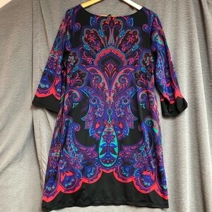INC 0X Black and bright paisley dress, three-quarter sleeve round neck, dress